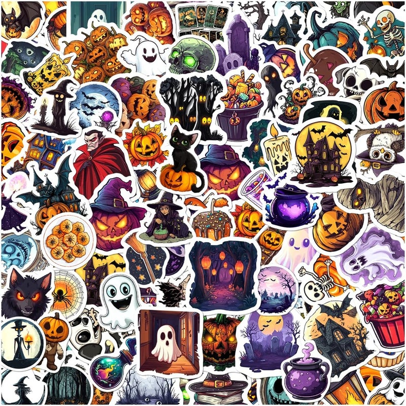 RABOWA Halloween Vinyl Stickers Pack 108Pcs Spooky Pumpkin Ghost Witch Cat Design for Laptop Water Bottle Scrapbook Journal Envelope Window Decoration Wall Hard Bumper Phone Case - Image 1